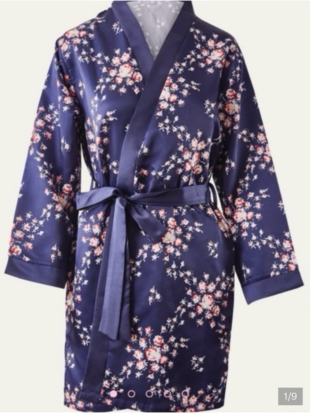 Morgan Lane Navy Floral Satin Robe with Tie Waist